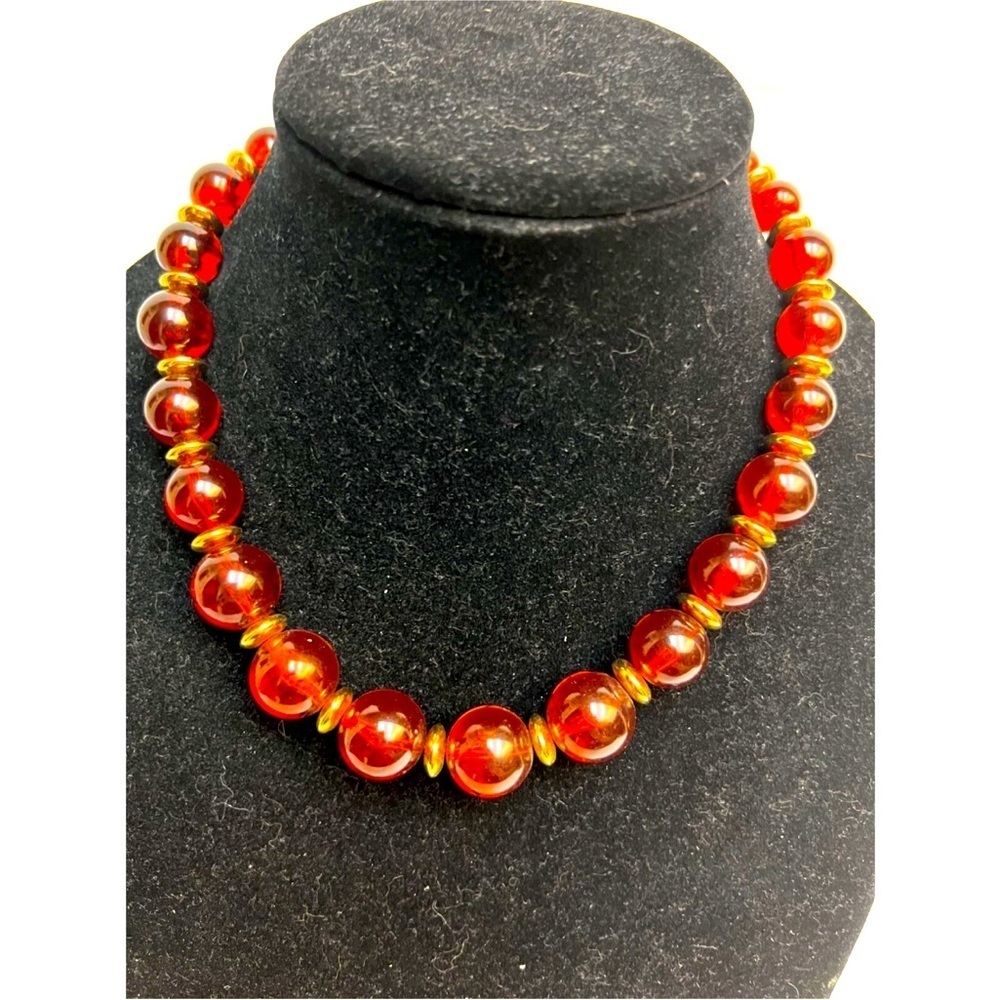 Vintage NAPIER Long Necklace Graduated Chunky Amber Lucite Beads Gold Accents